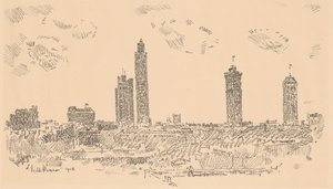 New York Skyline, Sötét épületek, 1918. alkotó: Frederick Childe Hassam