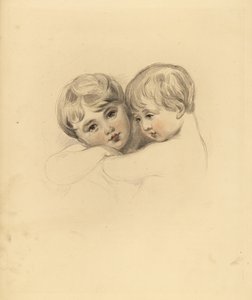 Az ölelkező Calmeady-gyerekek portréja. Frederick Christian Lewis kézzel színezett metszete Sir Thomas Lawrence illusztrációja után a P.G.-től. Patmore drágakő kabinetje, Ackermann, London alkotó: Frederick Christian Lewis
