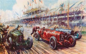 Az 1924-es Nagydíjon az Ascari Alfa Romeója majdnem a célig vezette a versenyt, de veszített, mert a motor nem indult újra boxkiállás után (színes litho)