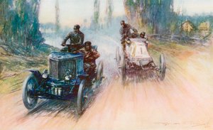 Az 1898-as Párizs-Amszterdam versenyen a Charron fehér Panhardját a verseny történetében először kerék kormányzás helyett kerékkel szerelték fel (színes litó)