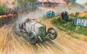 Lautenschlager a német Mercedesszel és Boillot a francia Peugeot-val az 1914-es Nagydíj alatti nagy küzdelmében (színes litó)