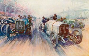 Lautenschlager fehér Mercedes az 1908-as Nagydíjon, egy olyan versenyen, amelyen hatalmas mennyiségben használtak gumikat (színes litho)