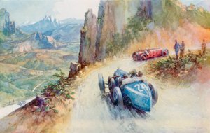 A Materassi 2 literes kompresszoros Bugattija megelőzi a Maseratit az 1927-es Targa Florio kanyargós pályáján (színes litó)