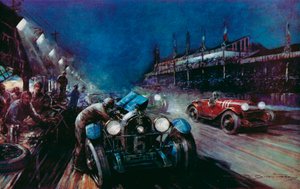 Az egyik sikeres Lorraine-Dietrich autó, amely a bokszban tölti fel az éjszakai futást a Le Mans-i 24 órás versenyen (színes litho)