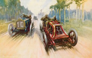 Szisz piros Renault-ja, amihez nagyban hozzájárul, hogy először volt levehető felnije, az első nagydíj győztese (színes litho)