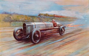A repülőmotoros 12 hengeres Sunbeam, amelyet K Lee Guinness tett híressé Brooklandsban, és 1922 leggyorsabb autója (színes litho)