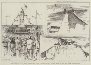 A tiszteletreméltó W. H. Smith megnyitja a South Gare hullámtörőt a Tees torkolatánál, Middlesbrough közelében. alkotó: Frederick Henry Townsend