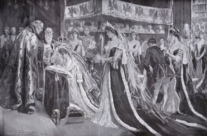 Alexandra királynőnek, VII. Edward király hitvesének megkoronázása York érseke által, a londoni Westminster Abbey alkotó: Frederick Henry Townsend
