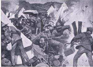 A nooitgedachti brit tábort tüzérségi tűz alatt kifosztó búrok az After Pretoria: The Guerilla War című filmből, amelyet a Harmsworth Bros Limited adott ki, 1901