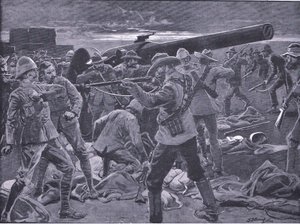 A Gun Hill elleni támadás: A haditengerészeti 47 tüzérei megleptek, a Harmsworth Bros Limited által kiadott After Pretoria: A gerillaháborúból, 1901 alkotó: Frederick Judd Waugh