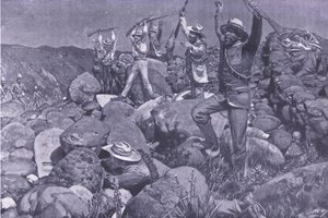A színlelt megadás, amely a liverpooliakat kétségbeesett helyzetbe hozta, illusztráció az After Pretoria: The Guerilla War, 1902-ből alkotó: Frederick Judd Waugh