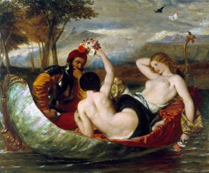 "Fiatal meztelen nők, valószínűleg prostituáltak, egy páncélos férfival, az ördöggel, egy gyöngyházfényű hajón. Frederick Richard Pickersgill (1820-1900) festménye.