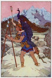 Az öregasszonyt felemelve a földről, Jason merészen belelépett a tomboló és habos áramlatba (színes litho)