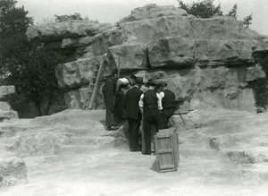 Egy csoport állattartó, aki kipakolja a szent páviánokat a londoni állatkert „Monkey Hill” sziklái között alkotó: Frederick William Bond