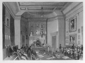 Kilátás a Somerset-ház belsejére, a Királyi Antikvár Társaság találkozóját mutatja, 1840 körül