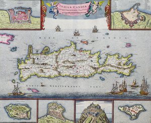 Candia szigetének (Kréta) térképe Herakleion tengeri kikötőjével, 1680 körül