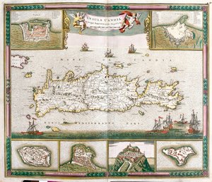 Kréta szigetének térképe, kilátással La Cane és Heraklion erődített városaira, valamint Spinalonga, Retino, Thine és Souda erődítményeire (rézkarc alkotó: Frederick de Wit