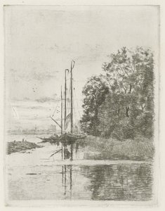 Kilátás a folyóra két hajóval és egy bárkával. alkotó: Fredericus Jacobus van Rossum du Chattel (signed by artist)