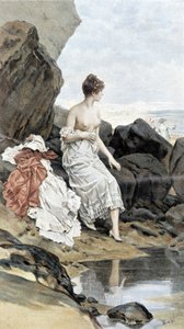Rejtőzködő nő a tenger mellett - a nyár allegóriája, Hubert Dys illusztrálta naptár, F. H. Kaemmerer festette