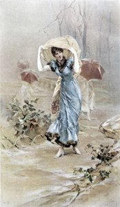 Nő, aki megvédi magát az esőtől - kora ősz allegóriája, Hubert Dys illusztrálta naptár, F. H. Kaemmerer festette