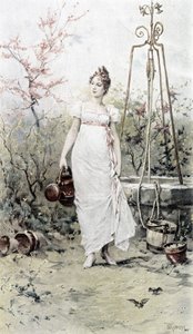 Kútból visszatérő nő – a tavasz allegóriája, Hubert Dys által illusztrált naptár, F. H. Kaemmerer festménye alkotó: Frederik Hendrik Kaemmerer