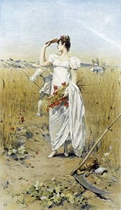 Nő búzával és mákkal – nyár végi allegória, Hubert Dys által illusztrált naptár, F. H. Kaemmerer festette
