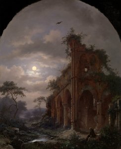 Szerzetes meditál egy rom közelében a holdfényben Meditáló szerzetes egy romnál éjjel alkotó: Frederik Marinus Kruseman (signed by artist)