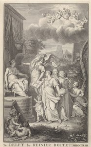 Minerva és a művészetek egy trónoló figurának Címlap ehhez: The Groot Natuur-en Zedekundigh Wereldtoneel, Delft, R. Boitet, 1743