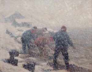 A halászok húzzák a kerítőhálót a hóviharban (olaj, vászon)