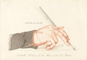 A „Magnée rendszer – a kéz és a toll valódi helyzete” másolata François Magnée „A tökéletes kalligráfus, avagy módszer az írás megtanítására néhány leckében” című művéből.