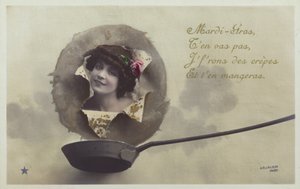 Egy női fej tört át egy palacsintasütő felett (színezett fotókollázs) alkotó: French Photographer