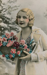 Bonne Annee, Boldog Új Évet küldött képeslap 1913-ban (kézzel színezett fotó) alkotó: French Photographer