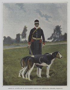 Kutya és vadász Vicomte Gaetan de Chezelles vadászatának színeiben, Franciaország (színes fotó) alkotó: French Photographer