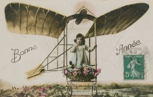 Repülőgépes lány újévi üdvözlőlapja, 1913 (kézzel színezett fotó) alkotó: French Photographer