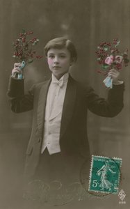 Egy fehér nyakkendős és farkos fiú képeslapja virágokkal és bogyókkal, 1913-ban küldve (kézzel színezett fotó) alkotó: French Photographer