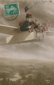 Virágokat szállító repülő képeslapja, 1913. június 6-án küldve (kézzel színezett fotó) alkotó: French Photographer