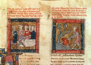 184 Fr.110 f.405 Galahad Arthurhoz érkezik, és Galahad kihúzza a kardot a Camelot-i folyóban lebegő kőből, 1250-80 körül (lásd még: 150479) alkotó: French School