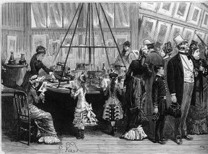 1878-as világkiállítás Párizsban: fotogliptikus nyomatok a fotokróm pavilonban. Metszet a „” Le Monde Illustré”” 1125. számában, 1878. október 19. alkotó: French School