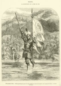 1513. november 29-én Balboa birtokba veszi a Déli-tengert Kasztília és a Leon Királyság nevében (metszet) alkotó: French School