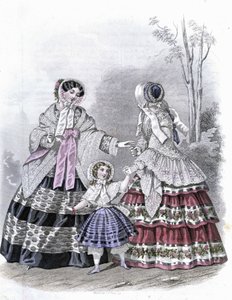 2 divatos nő egy sétáló lánnyal – a „Journal des Demoiselles”-ben, 1852. alkotó: French School