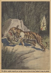 Egy brit tiszt, akit elvitt egy tigris, megtalálja az erejét, hogy megölje az állatot pisztolyával (színes litho) alkotó: French School