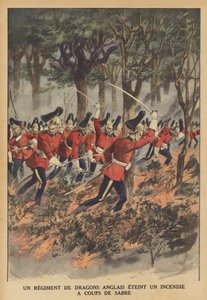 Egy brit dragonyosezred, amely a kardját használja a tüzet oltásához (színes litho) alkotó: French School