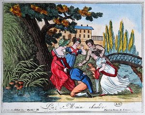 A "La Main Chaude" ("Forró kakas") játék, XIX. század eleje (színes metszet) alkotó: French School