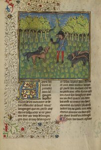 Egy vadász arra tanítja a kutyákat, hogy válaszoljanak a kürt hívására, 1430-40 körül (tempera, arany és ezüst festék és aranylevél pergamenen) alkotó: French School