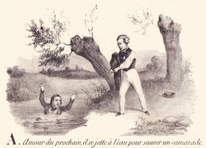 V: Felebaráti szeretet, a vízbe veti magát, hogy megmentsen egy elvtársat. alkotó: French School