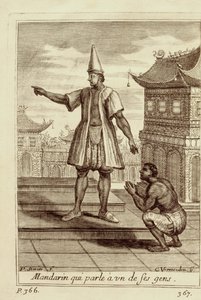 Egy mandarin férfi beszélget az egyik emberével, Guy Tachard Voyage du Siam des Peres Jesuites című sorozatából, 1688 alkotó: French School