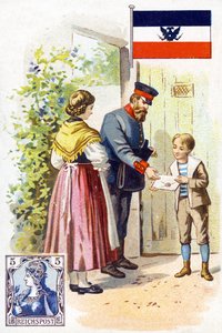 Egy postás Németországban, aki levelet kézbesít, 19. század végén alkotó: French School