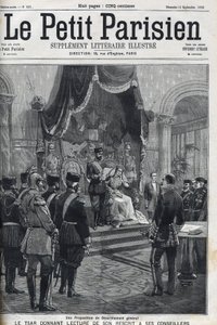 Javaslat az általános leszerelésre (az európai hatalmaknak) – II. Miklós cár (1868-1918) felolvassa tanácsadóinak recenzióját. Le Petit Parisien alkotó: French School