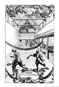 Királyi teniszjáték a versailles-i Jeu de Paume-ban, kiadó: Charles Hulpeau alkotó: French School
