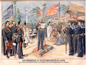 Sintó szertartás Japánban. Togo admirális az orosz-japán háborúban meggyilkolt japán hősök szelleméhez szól A sintoista istentisztelet szertartása Japánban. Togo admirális beszéde (Togo Heihachiro alkotó: French School